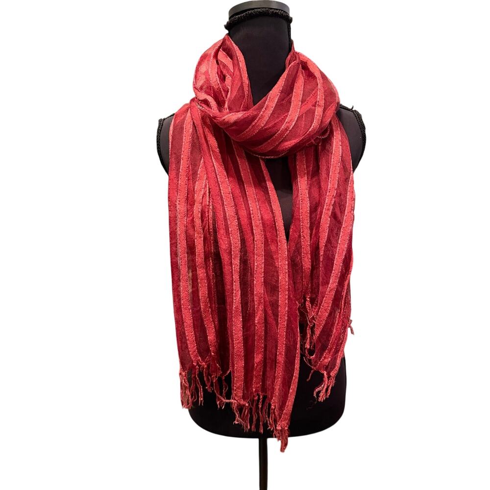 Red Striped Textured Scarf Fringe Boho Lightweight Sheer Wrap Shawl all too well